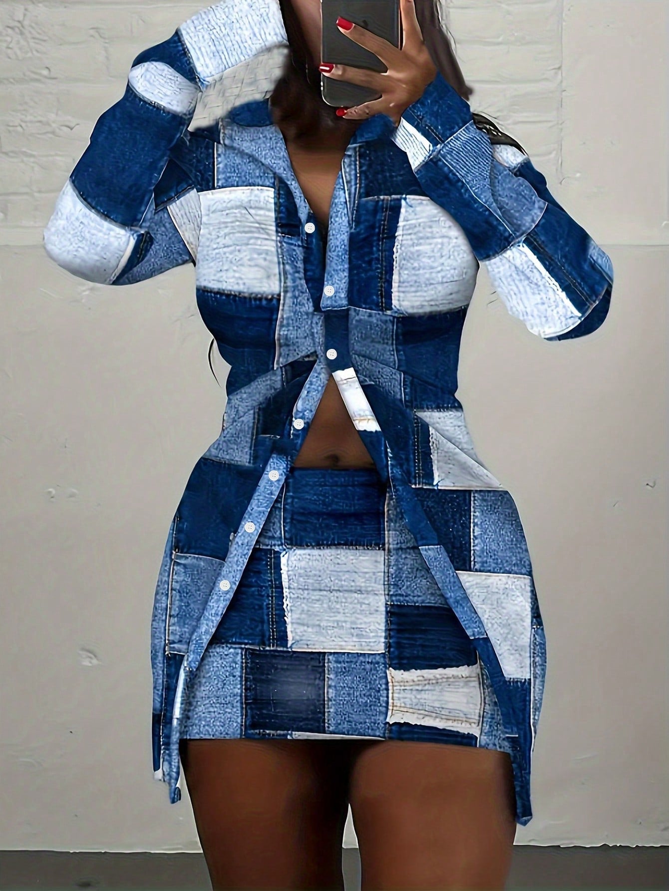 Splice Printed Button Down Shirt And Skirt Women Color Block Spring Summer Set
