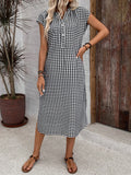 Women Loose Short Sleeve Plaid V-Neck Shirt Dress Summer Maxi Dress