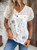 Women Summer V-Neck Short Sleeve Loose Floral Print Blouse