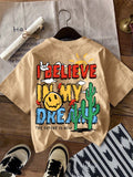 Tween Boy Casual Cartoon Logo Print Short Sleeve Round Neck T-Shirt, Suitable For Summer