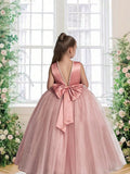 Tween Girl Elegant Pearl-Like Net And Bowknot Splicing Backless Princess Dress, Ideal For Parties, Weddings And Birthdays