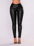 A Slant Pocket Button Front PU Leather Skinny Pants