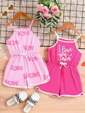 2pcs/Set Young Girl Heart And Letter Pattern Bowknot Strap Romper For Summer Vacation