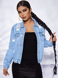Single Breasted Ripped Flap Pocket Denim Jacket
