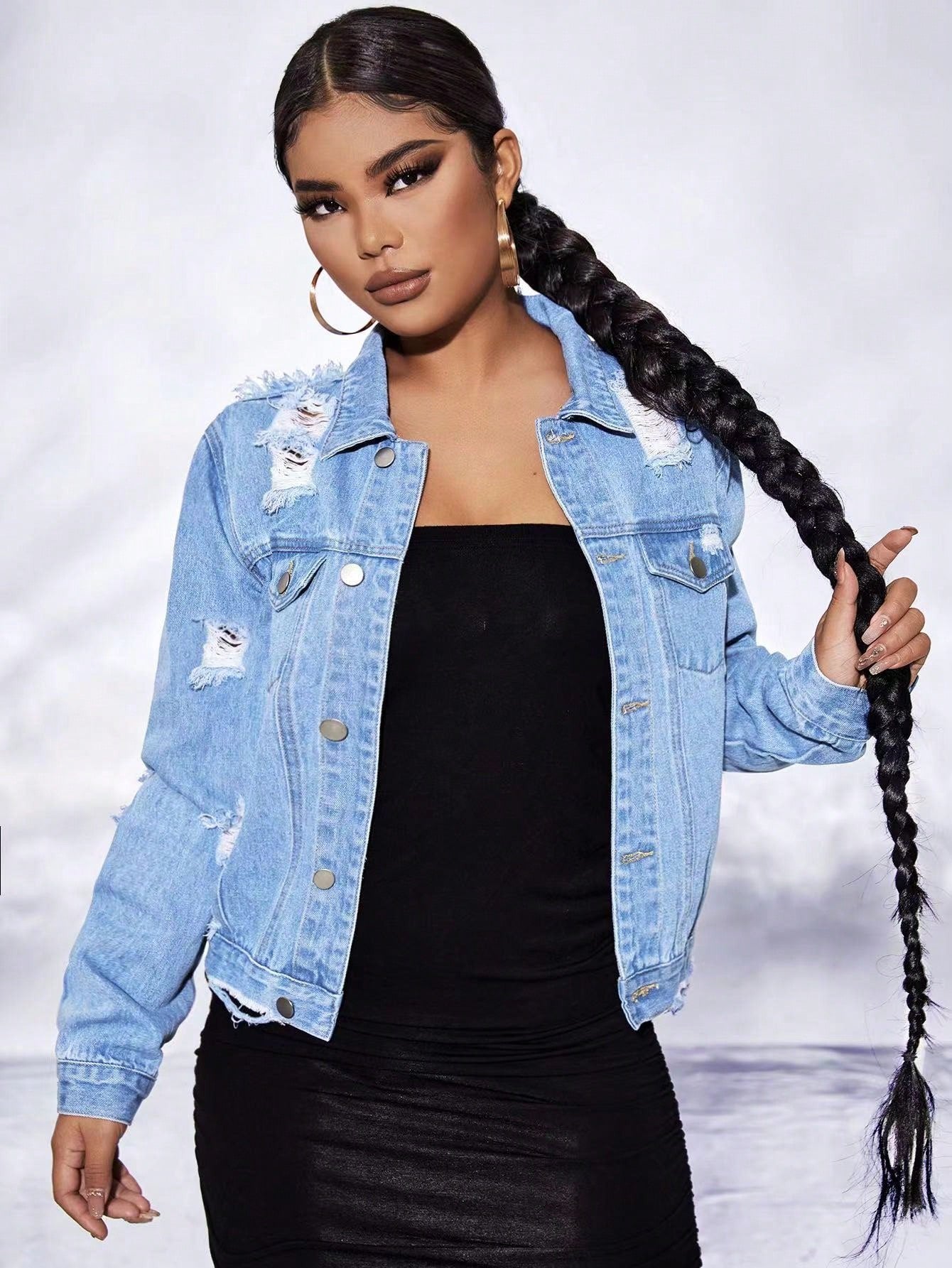 Single Breasted Ripped Flap Pocket Denim Jacket