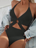 Swim Summer Beach Solid Color Rib-Knit Hollow Out Halter One-Piece Swimsuit