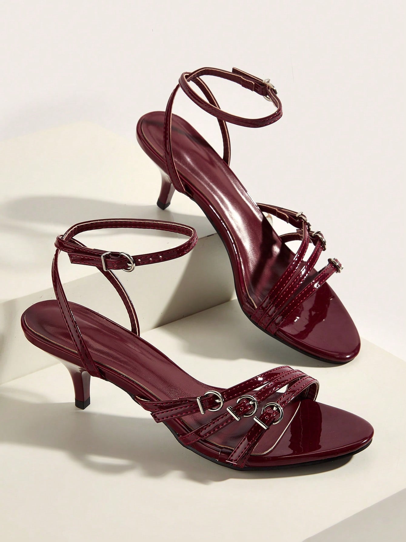 Sexy Wine-Red Buckle Strap High Heel Sandals For Wedding Or Party