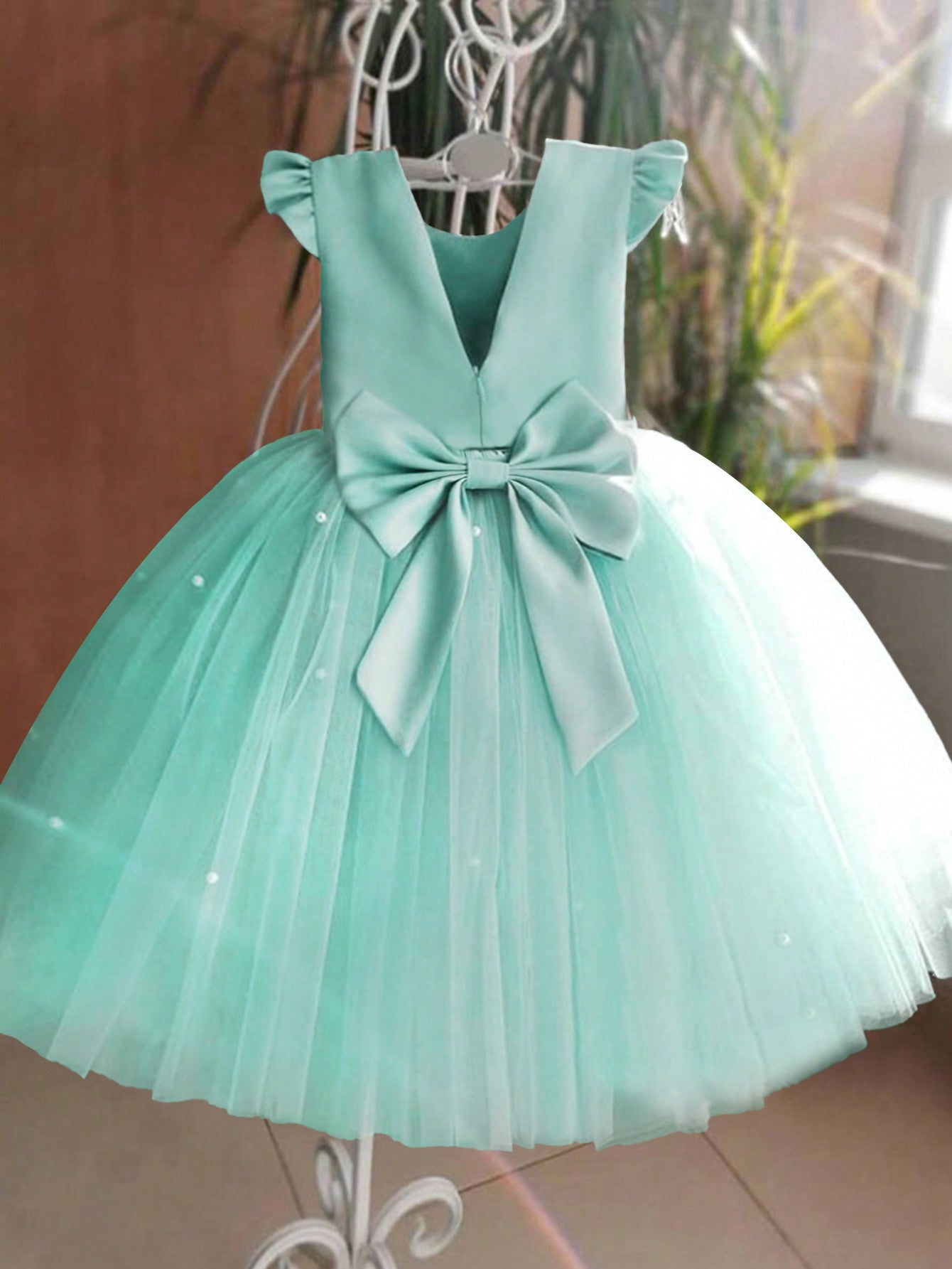 Young Girl Flutter Sleeve Tulle Formal Dress, Suitable For Birthday Party, Dance Party, Casual, Daily Wear, Musical Performance, And Stage Costume
