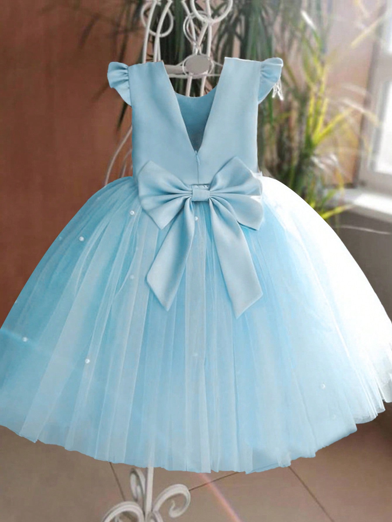 Young Girl Flutter Sleeve Tulle Formal Dress, Suitable For Birthday Party, Dance Party, Casual, Daily Wear, Musical Performance, And Stage Costume