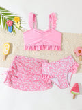 Young Girl 3pcs/Set Summer Beach Random Printed Bikini Swimwear Set