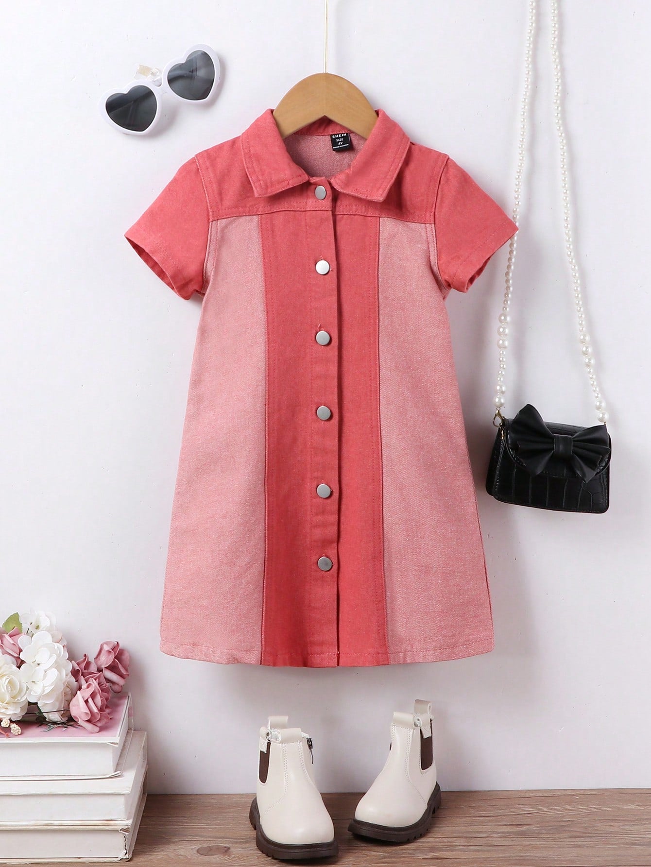 Young Girls' Vintage College Style Personality Design Short Sleeve Denim Shirt Dress With Color Blocking And Loose Fit