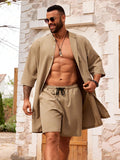Men Plus Size Summer Solid Color Loose Fit Mid-Length Sleeve Shirt And Shorts Casual Set