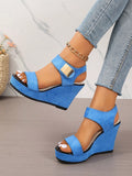 Women Fashionable And Comfortable Round-Toe Sandals With Exposed Toes, Ankle Strap, Magic Sticker, High Platform, Wedge Heel And Thick Sole