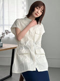 FRIFUL Women Stand Collar Single Breasted Workwear Pocket Loose Short Sleeve Casual Regular Jacket
