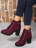 Women Ankle Boots And Short Boots, Burgundy, High Heels, Lace-Up, Side Zipper Design