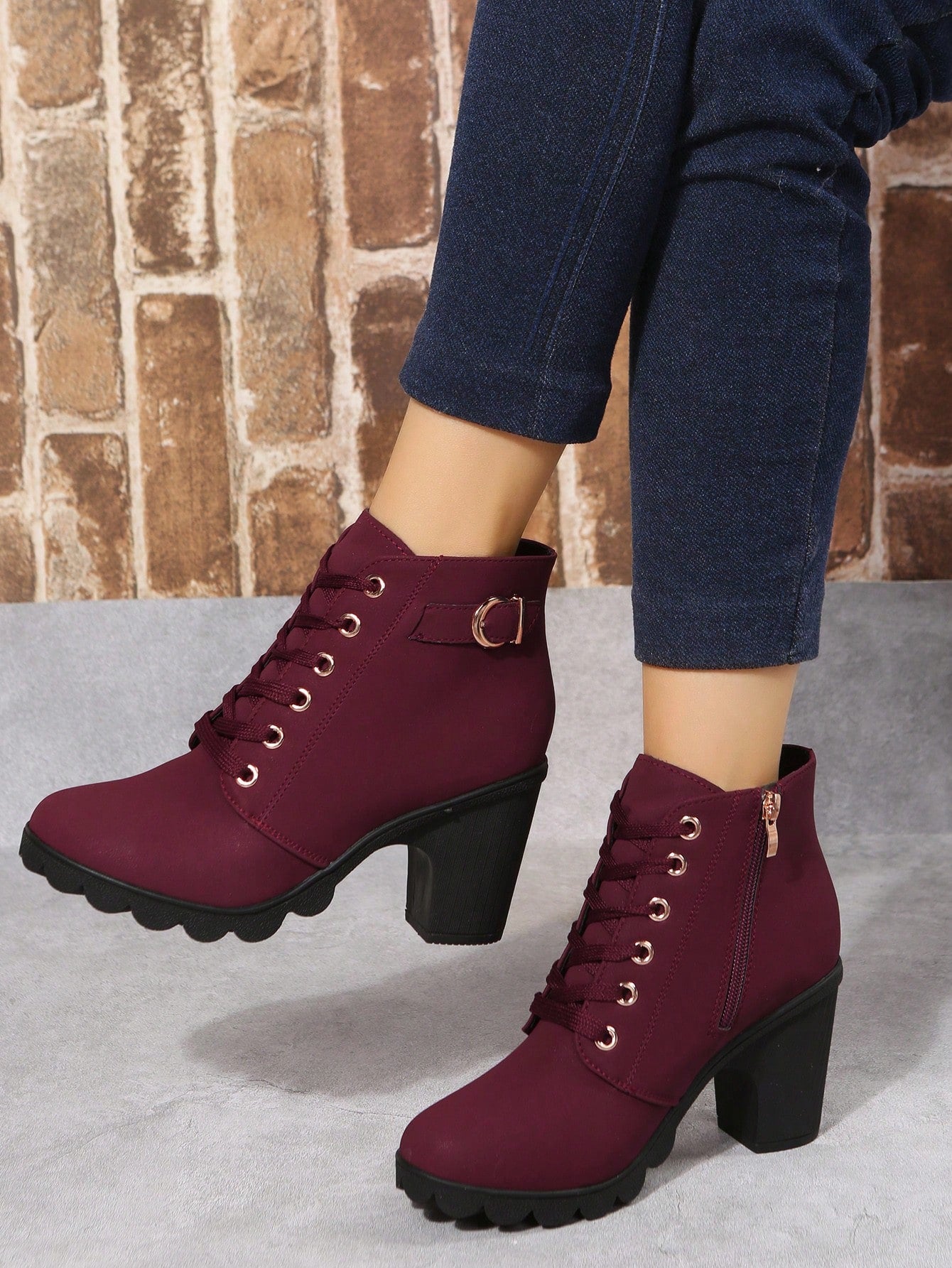 Women Ankle Boots And Short Boots, Burgundy, High Heels, Lace-Up, Side Zipper Design