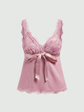 Women Lace Patchwork Rose Pattern Bow Detail Bow Decoration Doll Style Tank Top For Summer