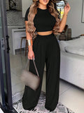 Spring And Summer Casual Solid Color Slim-Fit Cropped T-Shirt & Pleated Wide-Legged Leisure Pants