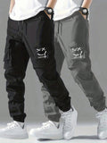 2pcs Tween Boys' Casual Drawstring Cargo Pants, Spring Autumn Summer Loose Relaxed Fit Utility Pants, Smiling Face Print, Back To School Academy Style