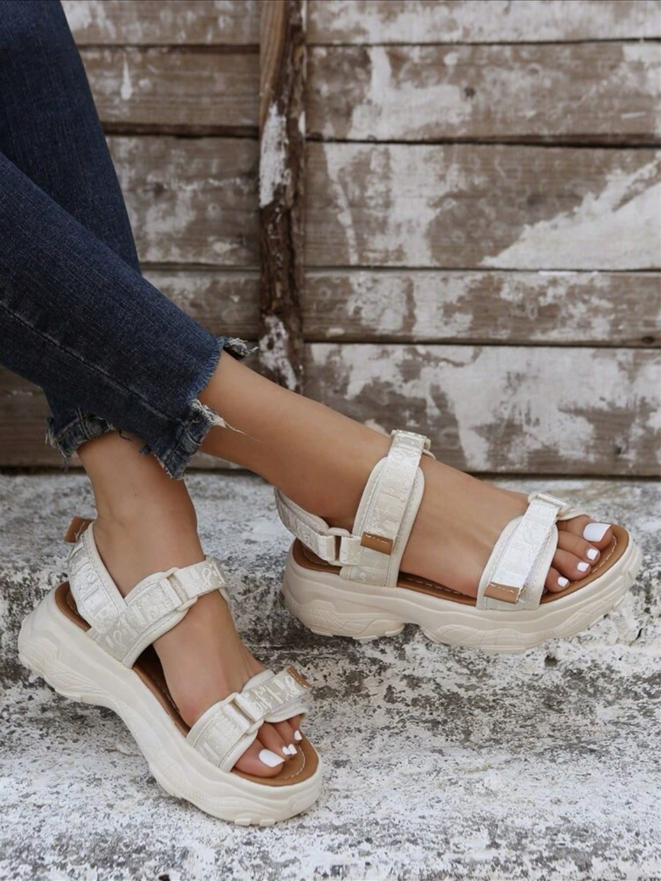Women Thick-Soled Fabric Beige Fashionable Outdoor Hook And Loop Sports Sandals