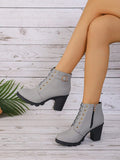 Women Ankle Boots And Short Boots, Gray, Lace-Up, Side Zipper, Chunky Heel, High Heel, Classic Style