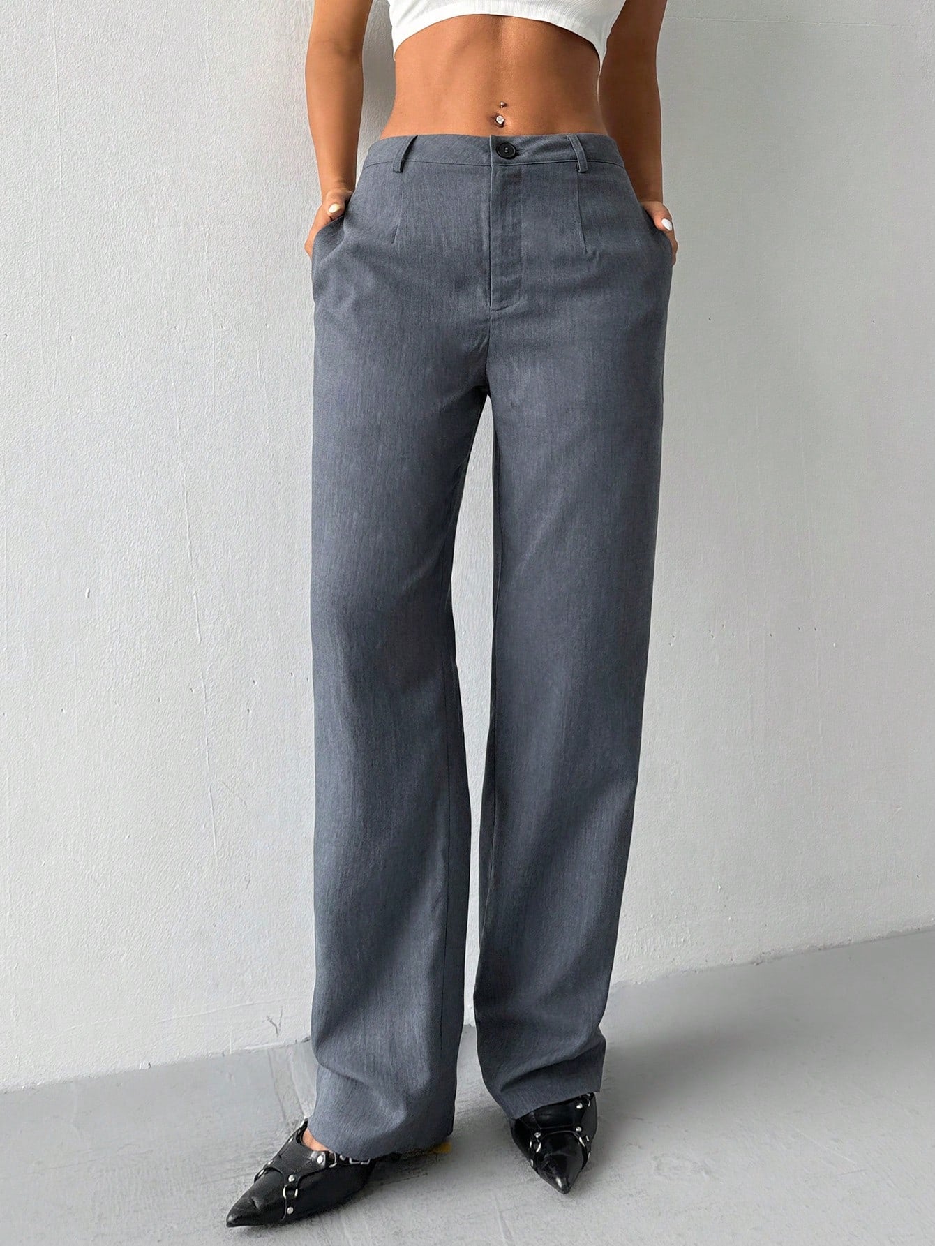 Solid Color Zipper Design Slant Pockets Straight Suit Pants