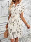 Allover Print Notched Neckline Batwing Sleeve Belted Dress