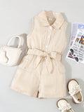 Young Girls' Fashionable Stripe Button Down Sleeveless Romper, Summer
