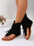 Women Fashionable And Comfortable Round Toe Black Sandals With Toe Loop And Strap, Combined With Slip-On Casual Ankle Boots And Short Boots