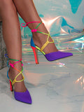 Women High Heels, Color-Blocked Design, Cross Straps, Fashion, Elegant, Thin Heels, Sandals, Suitable For Daily Wear, Commuting, And Banquet