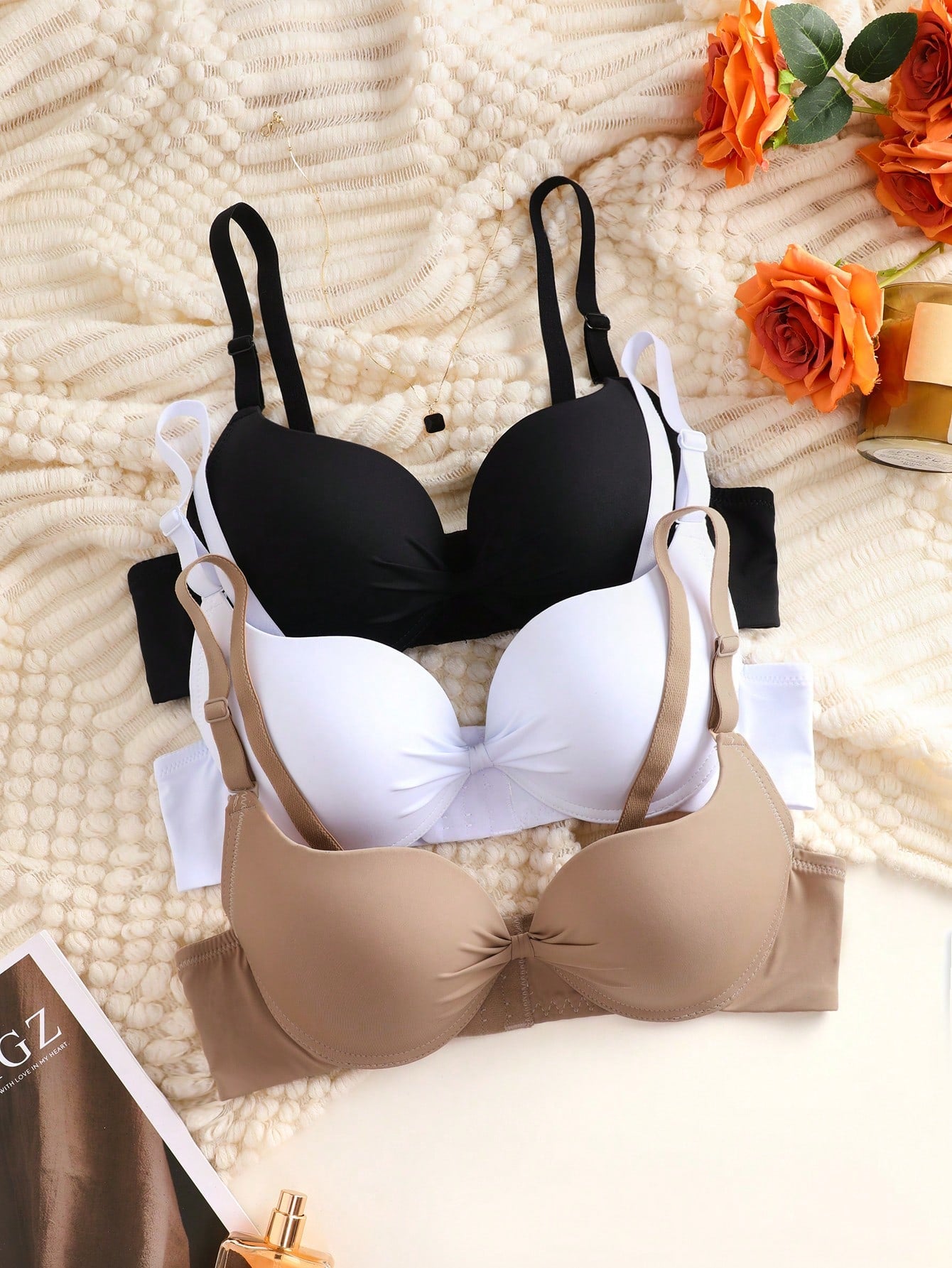 Set Of 3 Solid Colored Full Cup Bras With Underwire And Push-Up Design, Made Of Ultra-Fine Fiber, In Black, White, And Nude Colors