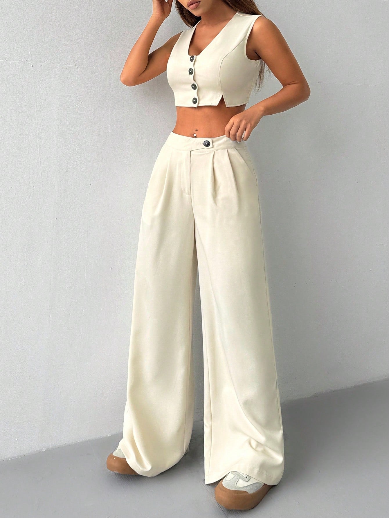Milk White Split V-Neck Vest And Loose Straight Pants Business Suit