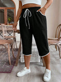 Plus Size Women Drawstring Waist Loose Fit Capri Pants With Pockets