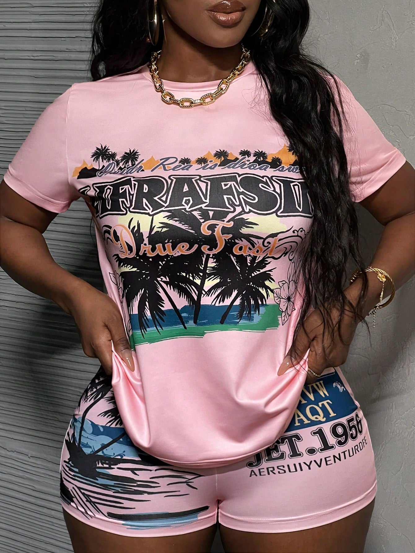 Casual Summer Short Sleeve T-Shirt And Shorts Set With Letter And Coconut Tree Print