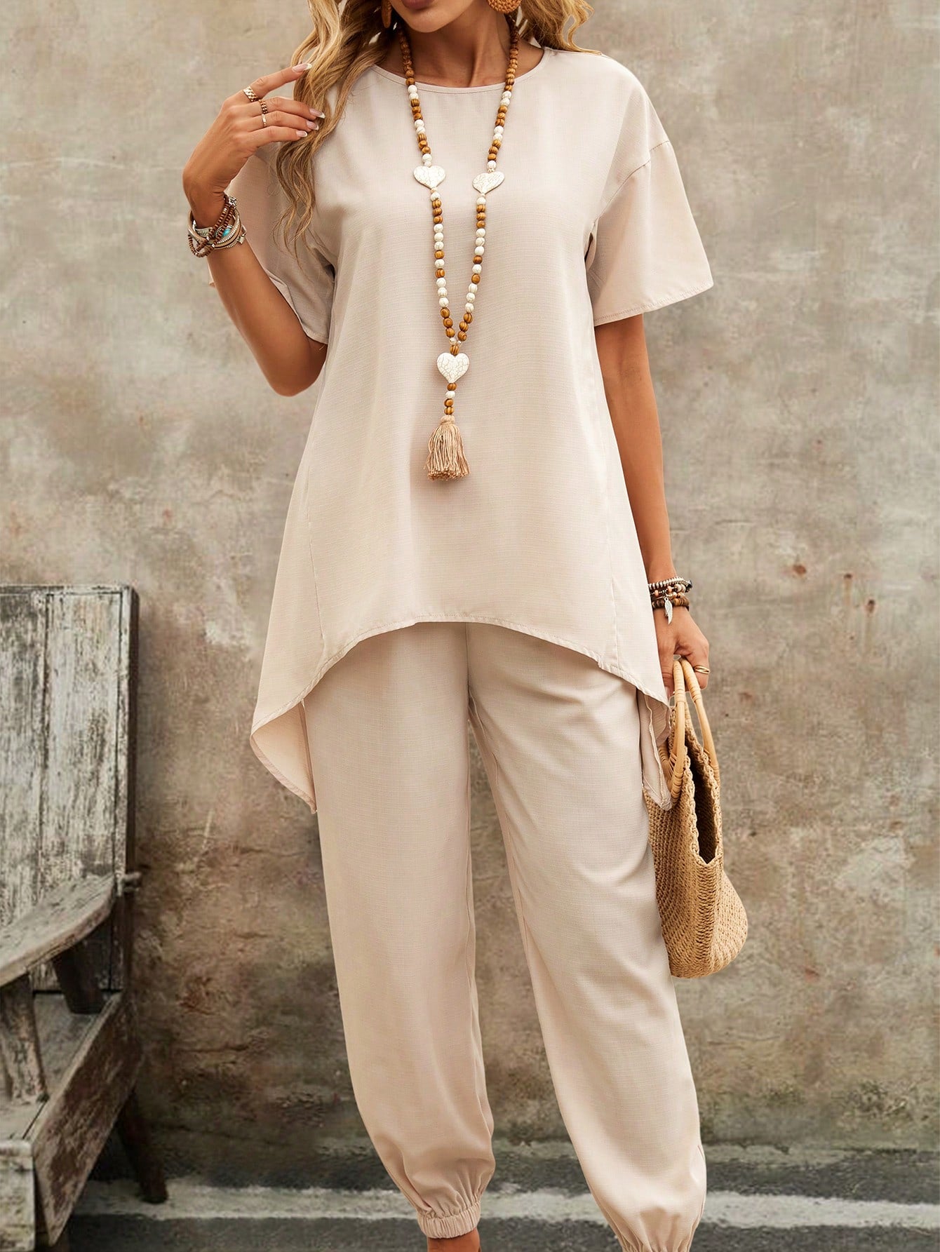 Solid Color Round Neck Irregular Hem Top + Long Pants Two Piece Set