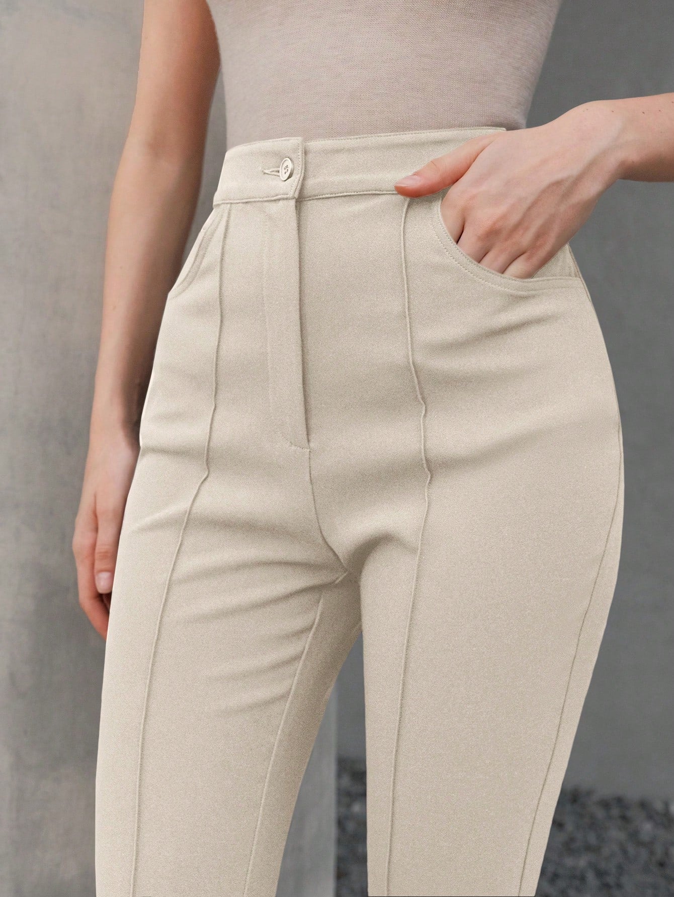 Anewsta Ladies' Casual Beige Slant Pocket Flared Pants For Work