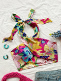 Ladies Tropical Beach Vacation Cross Halter Tie Back Colorful Flower Print Leisure Top For Summer