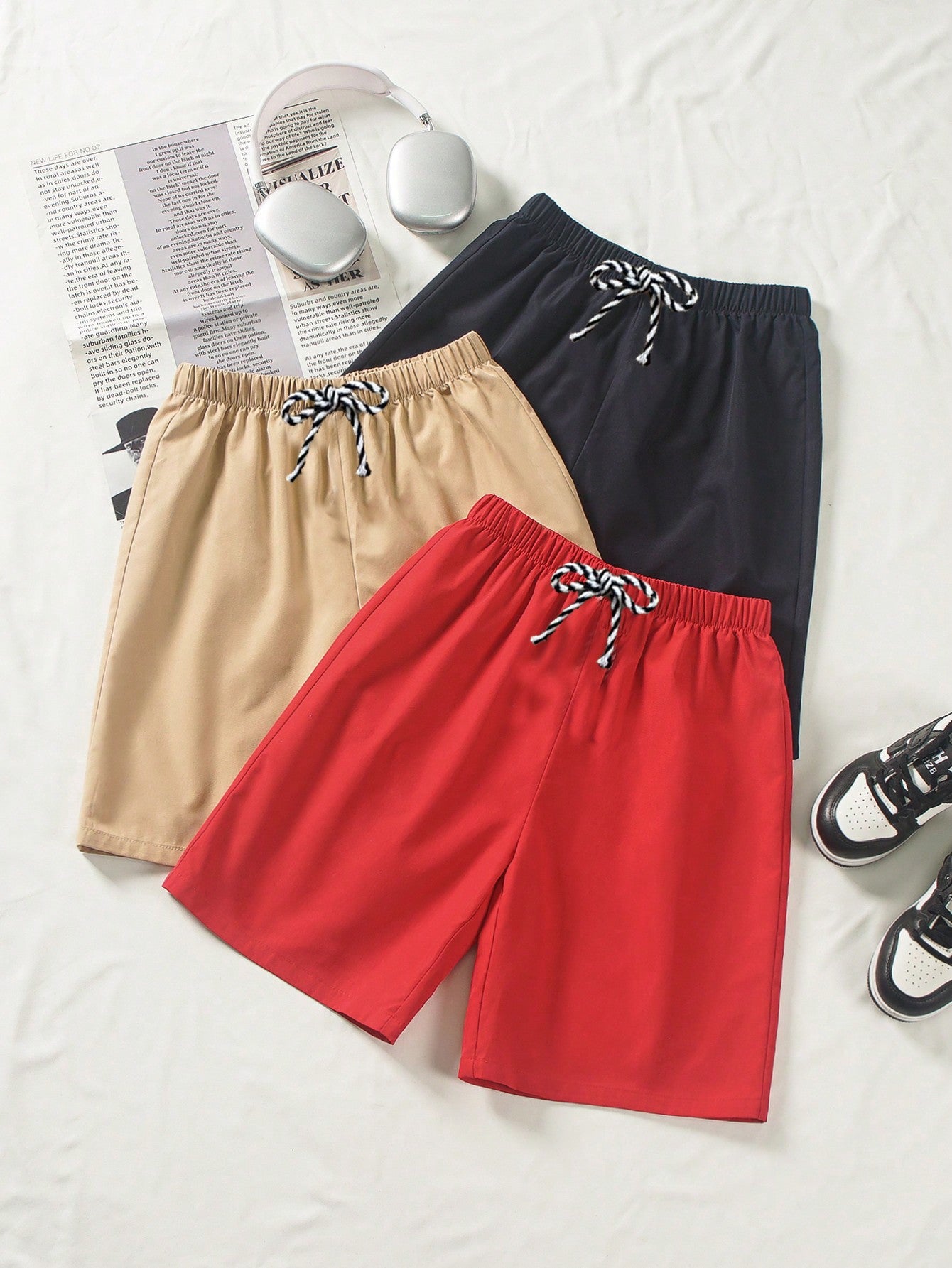 Assorted Pack Of 3 Tween Boy Loose Fit Solid Weave Shorts, One In Each Of Three Colors
