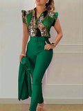 Women's Printed Patchwork Cap Sleeve Top And Solid Color Long Pants Two-Piece Set