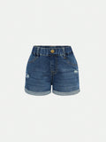 Young Girl Basic Casual Daily Wear Dark Blue Wash Roll Up Hem Elastic Denim Shorts