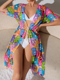 Women's Cartoon Bear Printed Fringed Tie Front Swimwear Kimono