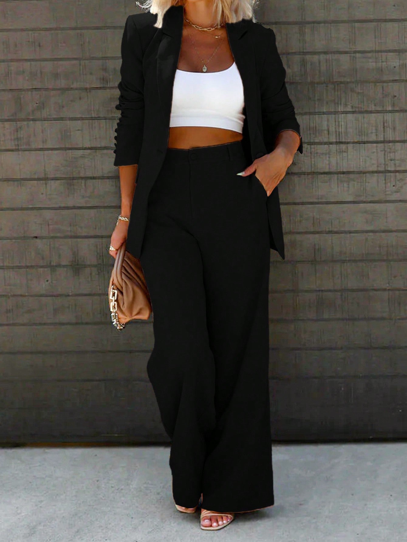 Elegant Solid Color Business Suit Set With Long Coat And Pants