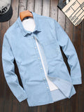 Men Plus Size Denim Shirt With Front Row Buckle And Long Sleeves And Pockets