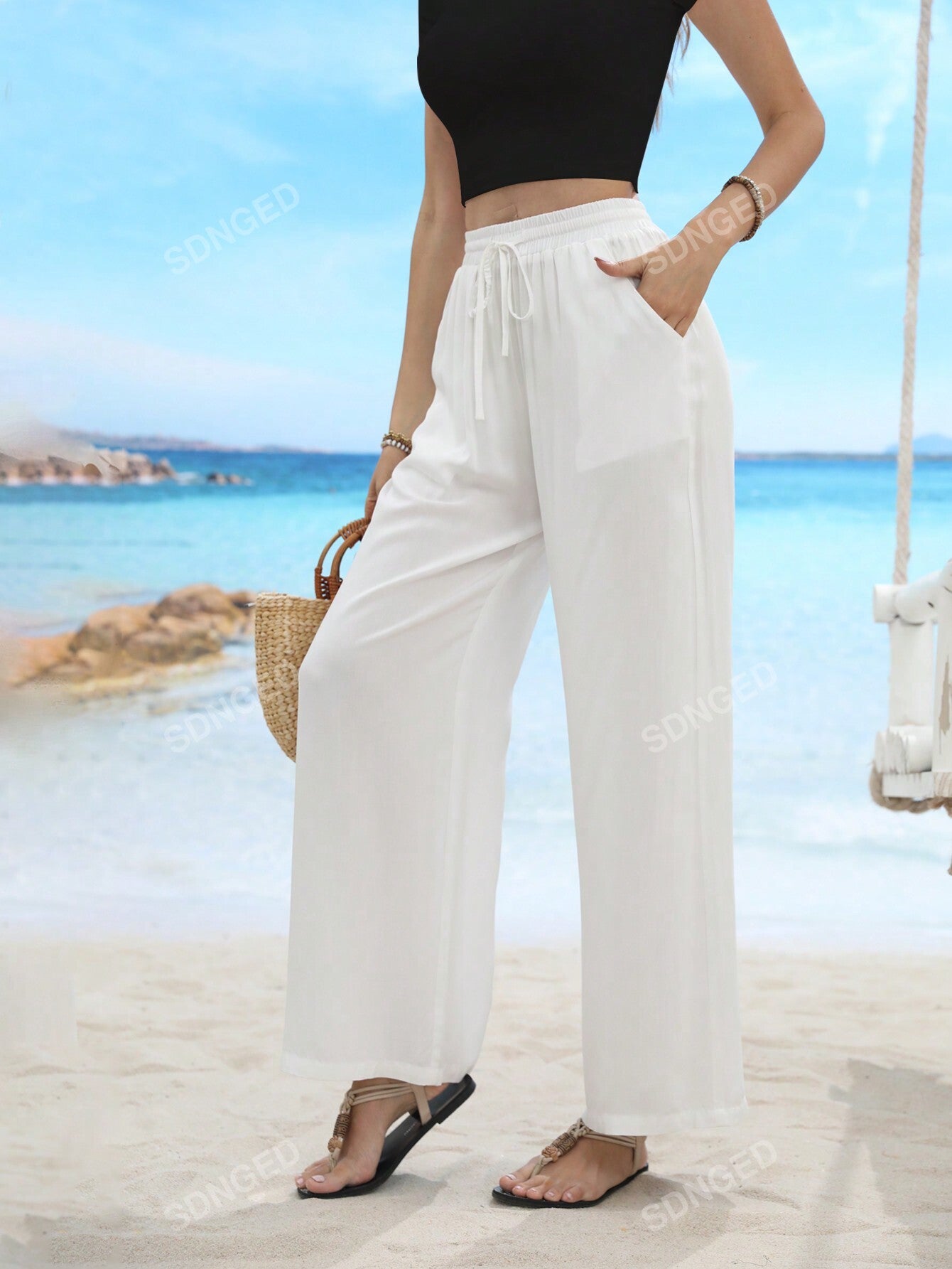 Drawstring Waist Solid Color Slanted Pocket Simple Casual Straight Pants