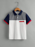 Tween Boy Striped Panel Colorblock Half Button Placket Tee