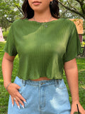 Plus Size Summer Casual Solid Color Pleated Cropped T-Shirt