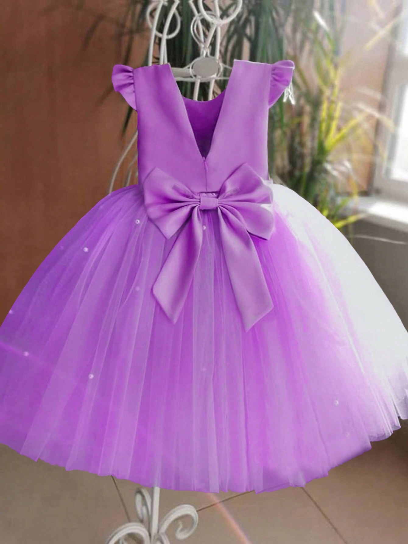 Young Girl Flutter Sleeve Tulle Formal Dress, Suitable For Birthday Party, Dance Party, Casual, Daily Wear, Musical Performance, And Stage Costume
