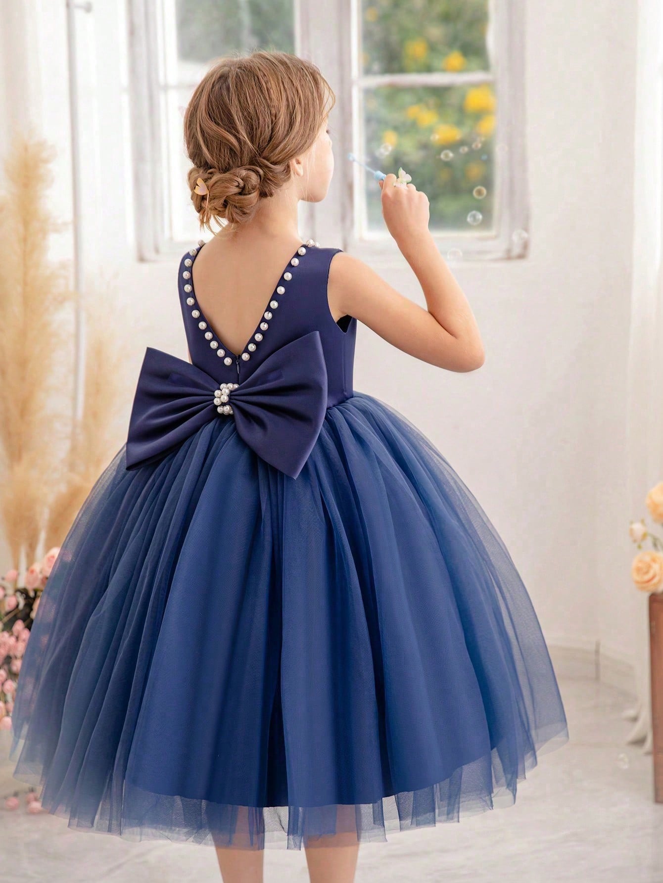 Young Girls' Pearl Butterfly Bowknot Formal Dress, Suitable For Birthday Party, Dance Party, Banquet, Festival And Wedding, Elegant Daily Wear, Stage Show, Fashion Show, Performance