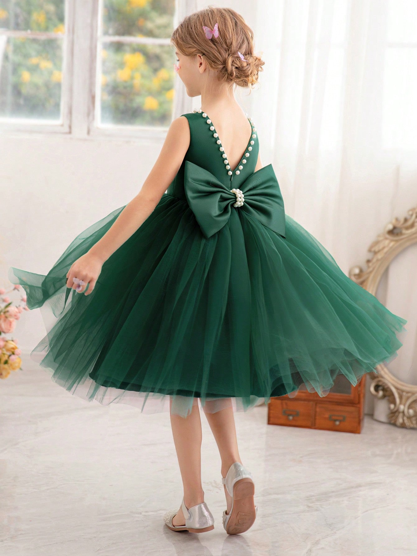 Young Girls' Pearl Butterfly Bowknot Formal Dress, Suitable For Birthday Party, Dance Party, Banquet, Festival And Wedding, Elegant Daily Wear, Stage Show, Fashion Show, Performance
