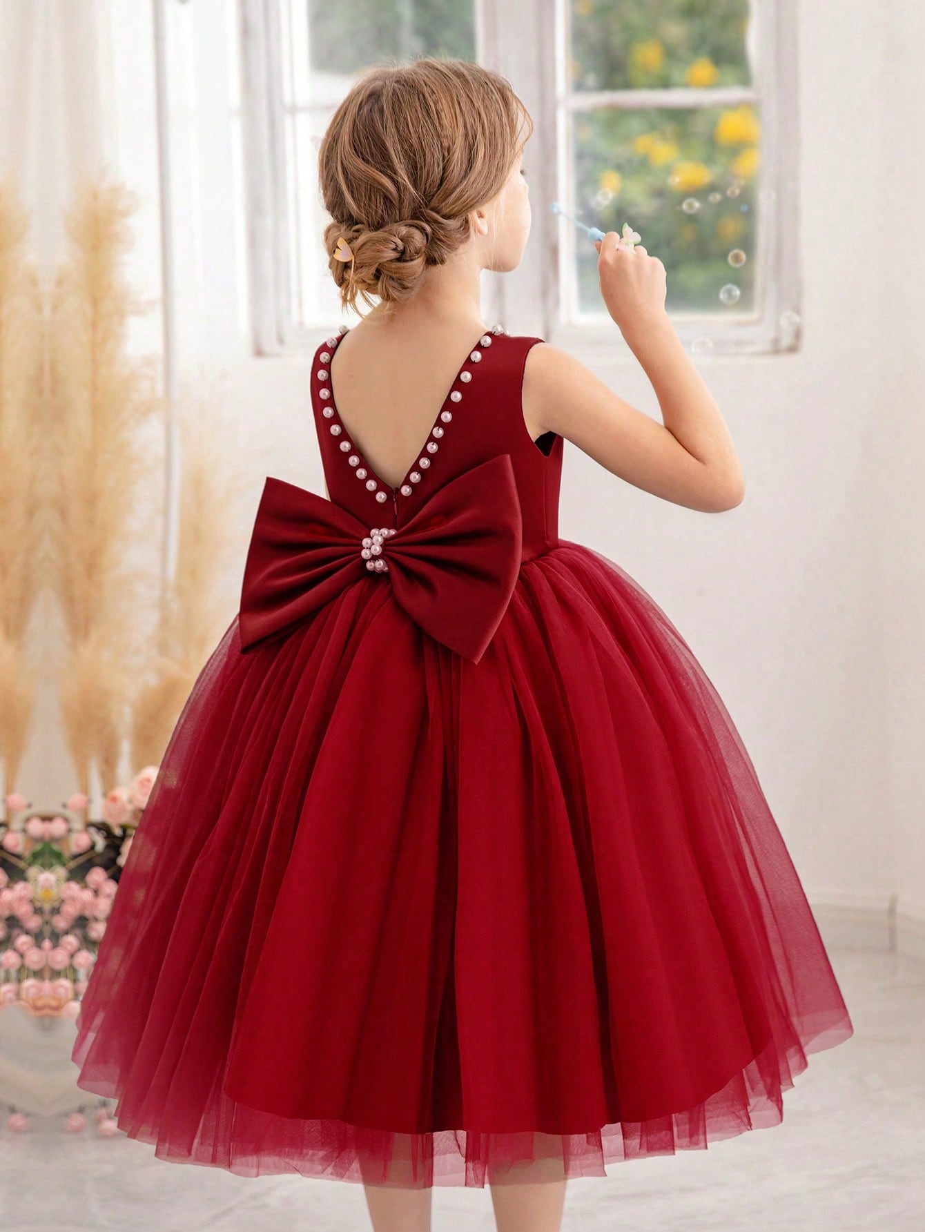 Young Girls' Pearl Butterfly Bowknot Formal Dress, Suitable For Birthday Party, Dance Party, Banquet, Festival And Wedding, Elegant Daily Wear, Stage Show, Fashion Show, Performance